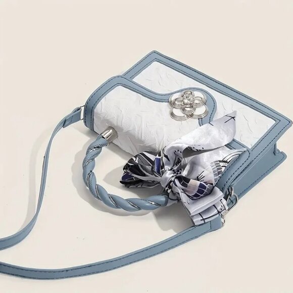 Chic Baby Blue/White Textures Floral Mini Crossbody Top Handle Bag w/Twilly - Picture 6 of 7